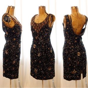 RARE Vintage SILK Golden Beaded Zodiac Astrology Constellation Sleeveless Dress
